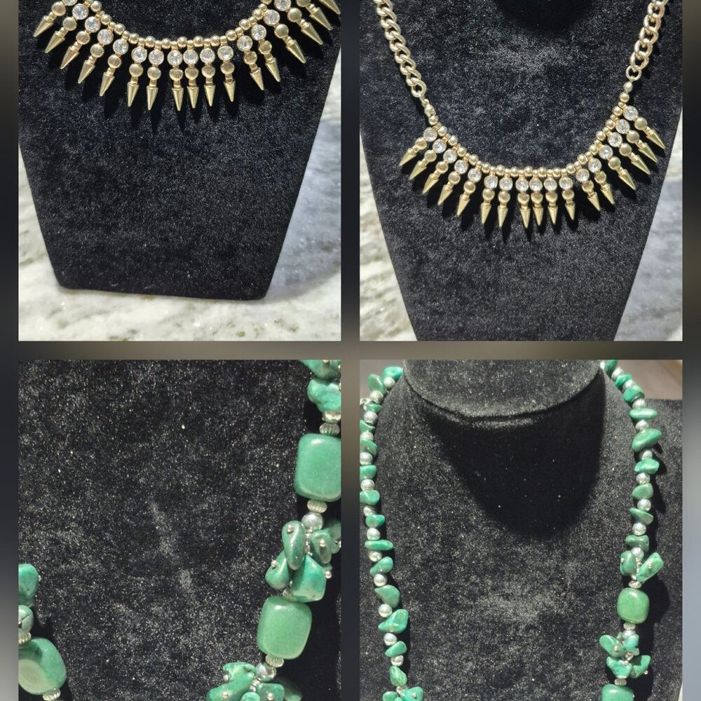 Pair costume Necklaces ~  Green stone & Gold daggers [2]